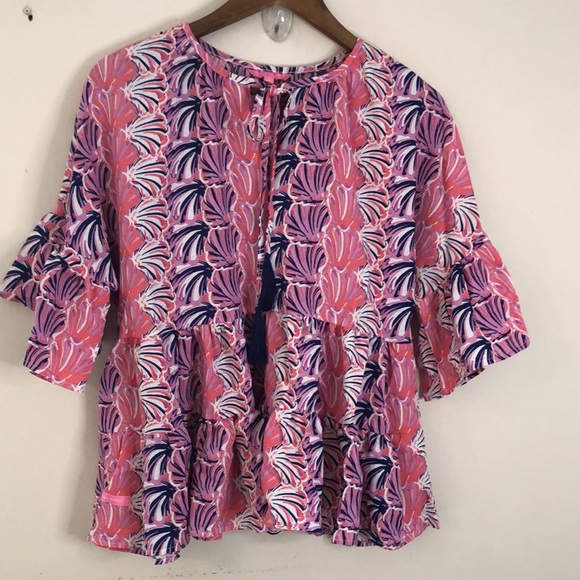 Simply Southern Tops - Simply Southern colorful top shell print pink blue white ruffles crop sleeves SM
